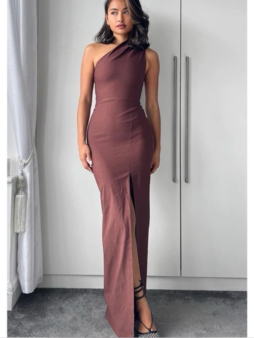 Vesper 247 Charlotte Chocolate One Shoulder Maxi Dress